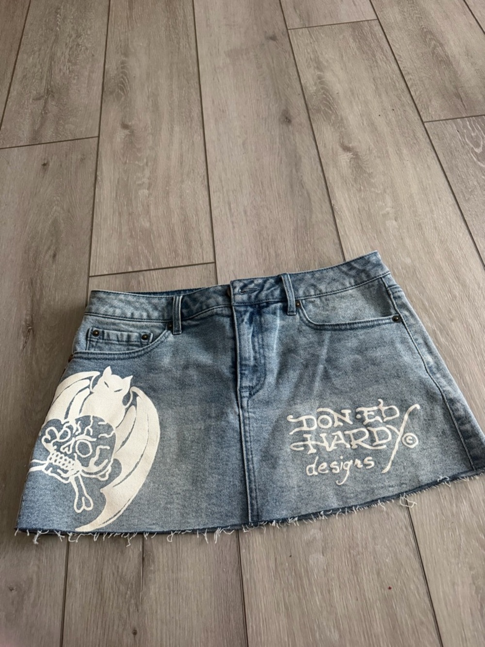 Ed Hardy Light Blue Denim Mini Skirt with White Graphic